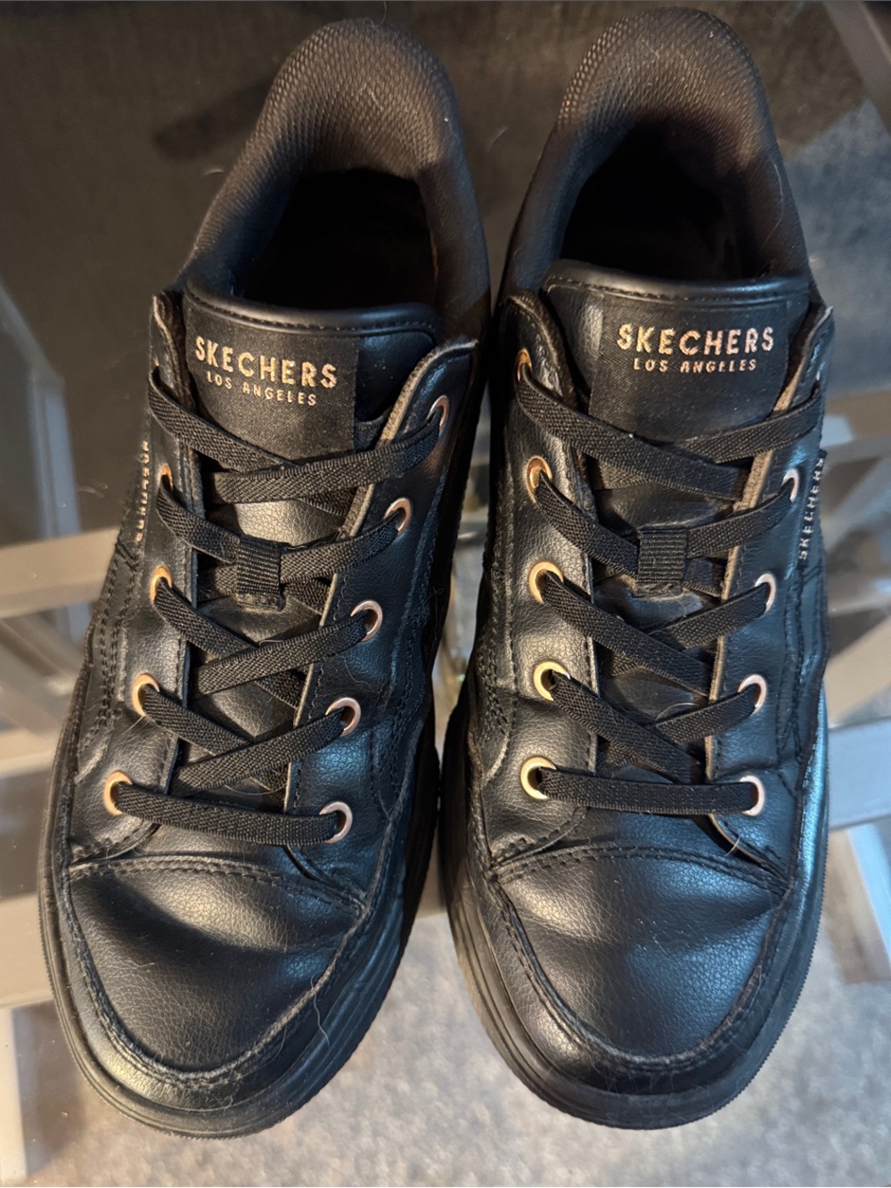 Skechers Women’s Black Lace-Up Sneakers with Gold Eyelets/ slip ins arch support